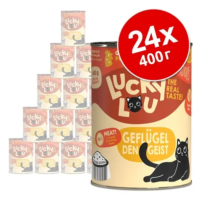 Комплект 24 консерви по 400 г Lucky Lou Geflügel Den Geist с изображение на черна котка и надписи: MEAT! >96%, The real taste!, Grain free, Adults.