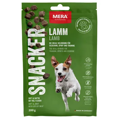 MERA Snacker Lammas, 200g. Palkkio koulutukseen, urheiluun ja harjoitteluun. 75 % eläinproteiinia, ilman lisättyä sokeria, viljaton, ei keinotekoisia väri- tai aromiaineita. Valmistettu Saksassa. MERA Snacker Lammas, 200g. Palkkio koulutukseen, urheiluun ja harjoitteluun. 75 % eläinproteiinia, ilman lisättyä sokeria, viljaton, ei keinotekoisia väri- tai aromiaineita. Valmistettu Saksassa.