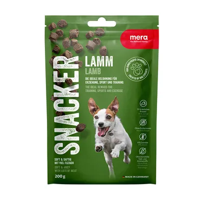 Mera Snacker cordero, 200g. Premio para educación, deporte y entrenamiento. 75% proteína animal, sin azúcar añadido, sin cereales, Made in Germany. Mera Snacker cordero, 200g. Premio para educación, deporte y entrenamiento. 75% proteína animal, sin azúcar añadido, sin cereales, Made in Germany.
