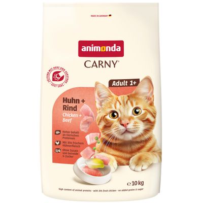 Animonda Carny Adult kyckling + nötkött, 65 % kött och animaliska ingredienser, 35 % färskt kycklingkött, 0 % spannmål i receptet, Made in Germany, utan socker, spannmålsfri, med färskt kött.