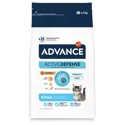 Advance Active Defense Kitten suché krmivo pro koťata s kuřetem, pro koťata od 2 do 12 měsíců. Obsahuje prebiotika, vlákninu, podporuje imunitu, vývoj kostí a snadné trávení. 1,5 kg.