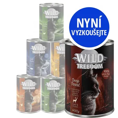 Konzervy Wild Freedom pro kočky, varianty Deep Forest, Green Lands, Cold River, Golden Valley, White Country, nápis NYNÍ VYZKOUŠEJTE. Viditelná hmotnost 400 g.