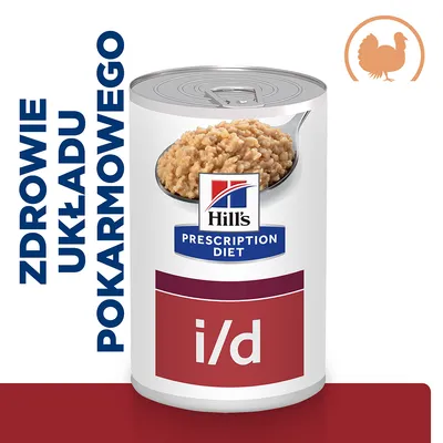 Hill's Prescription Diet i/d, puszka z karmą mokrą. Widoczny napis: ZDROWIE UKŁADU POKARMOWEGO oraz symbol indyka.