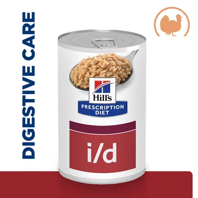 Digestive care canned food labelled Hill's Prescription Diet i/d, with a spoonful of food and turkey icon shown. Digestive care canned food labelled Hill's Prescription Diet i/d, with a spoonful of food and turkey icon shown.