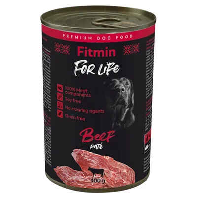 Fitmin For Life Beef Paté koiran märkäruoka, 400 g. Tekstit: 100% Meat components, Soy free, No coloring agents, Grain free. Kuvassa naudanlihaa ja koira.