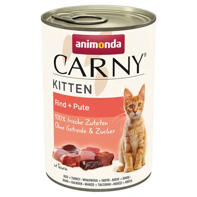 Animonda Carny Kitten Manzo + Tacchino, 100% ingredienti freschi, senza cereali e zucchero, con taurina. Lattina con immagine di un gatto arancione e pezzi di carne.