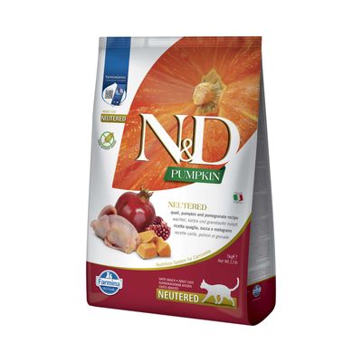 N&D Pumpkin Neutered, prepelica, tekvica a granátové jablko recept, Farmina Pet Foods, pre dospelé kastrované mačky, 1,5 kg vrecko.
