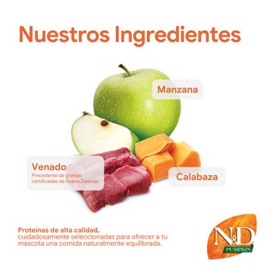 N&D Pumpkin: Ingredientes manzana, calabaza, carne de ciervo de granjas certificadas de Nueva Zelanda. Proteínas de alta calidad para una alimentación equilibrada para mascotas.