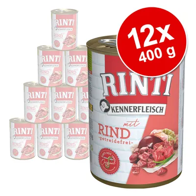 RINTI Kennerfleisch mit Rind, getreidefrei. Set van 12 blikken à 400 g. Op het etiket afbeelding van rundvlees en orgaanvlees. Grote rode cirkel met tekst: 12x 400 g.
