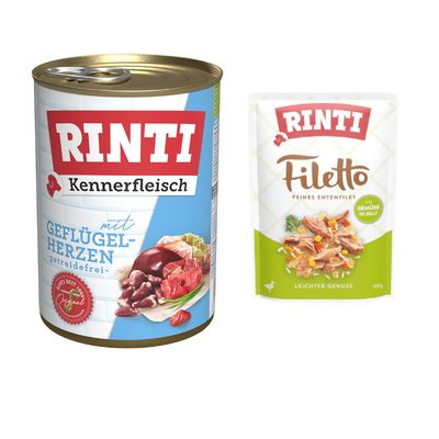 Rinti Kennerfleisch med kyckling, spannmålsfri. Bild av köttbitar och sigill 'Rinti seit 1983 Original'.