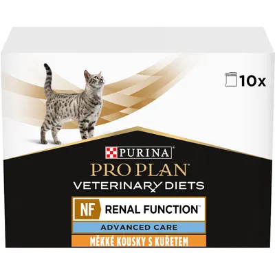 PURINA PRO PLAN VETERINARY DIETS NF RENAL FUNCTION ADVANCED CARE měkké kousky s kuřetem, balení 10×. Obal s obrázkem kočky.