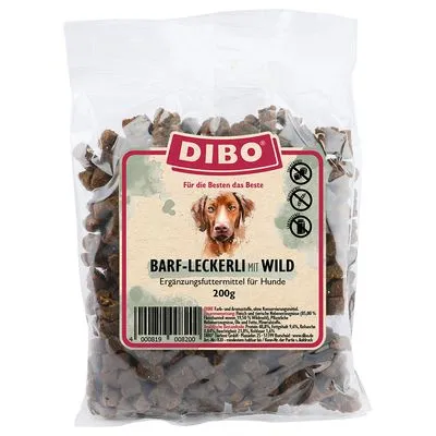 DIBO BARF-Leckerli mit Wild, Ergänzungsfuttermittel für Hunde, 200g. Verpakking toont productnaam, gewicht en pictogrammen voor hond, geen granen, geen suiker, geen kleurstoffen. DIBO BARF-Leckerli mit Wild, Ergänzungsfuttermittel für Hunde, 200g. Verpakking toont productnaam, gewicht en pictogrammen voor hond, geen granen, geen suiker, geen kleurstoffen.