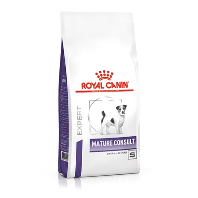 Zak Royal Canin Expert Mature Consult Small Dogs S, afbeelding van een kleine hond op de verpakking. Tekst: 'HEALTH NUTRITION SINCE 1968', paarse en rode accenten.