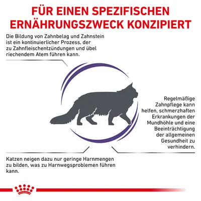 Texte en allemand : Für einen spezifischen Ernährungszweck konzipiert. Informations sur la santé bucco-dentaire et urinaire des chats, silhouette de chat au centre.