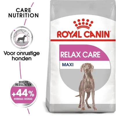 Royal Canin Relax Care Maxi hondenvoer, tekst: Voor onrustige honden, bewezen resultaten +44% normaal gedrag, Care Nutrition. Royal Canin Relax Care Maxi hondenvoer, tekst: Voor onrustige honden, bewezen resultaten +44% normaal gedrag, Care Nutrition.