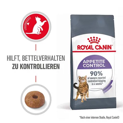 Royal Canin Appetite Control Katzenfutter. Hilft, Bettelverhalten zu kontrollieren. 90% der Besitzer berichten über weniger Betteln in 4 Wochen. Nach einer internen Studie von Royal Canin.