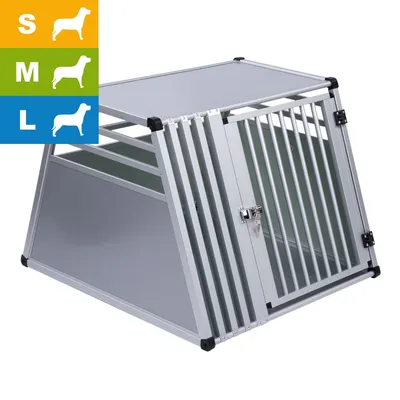 Transportbox aus silberfarbenem Metall mit Gittertür, geeignet für Größen S, M und L laut Symbolen auf der linken Seite. Transportbox aus silberfarbenem Metall mit Gittertür, geeignet für Größen S, M und L laut Symbolen auf der linken Seite.