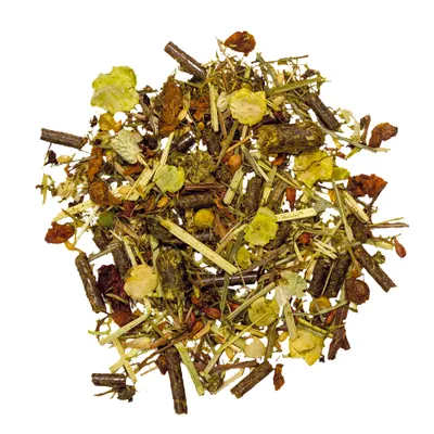 Gemisch aus getrockneten Pflanzen, Kräutern, Blättern und Pellets. Verschiedene Farben und Formen sichtbar. Gemisch aus getrockneten Pflanzen, Kräutern, Blättern und Pellets. Verschiedene Farben und Formen sichtbar.