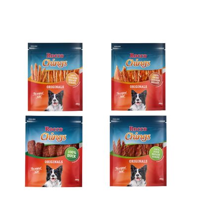 Gemischtes Probierpaket Rocco Chings Originals Hühnerbrust Streifen & getrocknet, Entenbrust Streifen & getrocknet (1 kg)