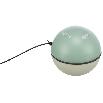 Groen en wit speelgoed in de vorm van een bal met visgraatmotieven, bevestigd aan een zwart koord.