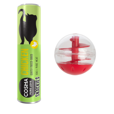 Boule distributrice en plastique transparent et rouge, remplie de friandises rondes multicolores, certaines friandises sont dispersées devant la boule.