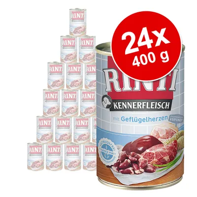 RINTI Kennerfleisch mit Geflügelherzen, 24x400 g konzervi. Na slici prikazana limenka s mesom i srcima peradi te natpisom 'Getreidefrei'.