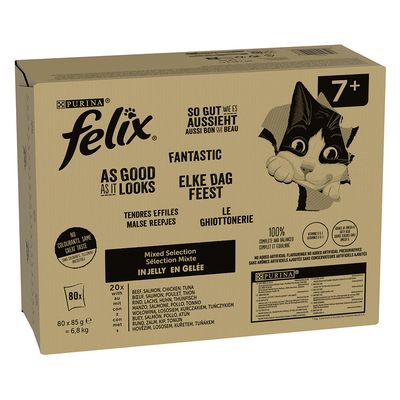 Megapack Felix "So gut wie es aussieht" Pouches 80 x 85 g Senior Fleisch Mix (Rind, Lachs, Huhn, Thunfisch)