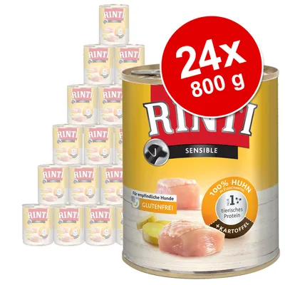 Pack de 24 latas de 800 g Rinti Sensible, visible texto: 100 % Huhn, 1 % tierisches Protein, glutenfrei, kartoffel. Imagen de pechuga de pollo y patata en la etiqueta.
