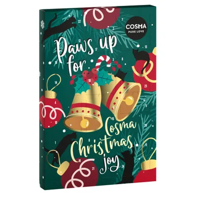 Cosma Pure Love Adventskalender mit Aufschrift: Paws up for Cosma Christmas joy. Weihnachtsmotive und Zahlen von 1 bis 24 sichtbar. Cosma Pure Love Adventskalender mit Aufschrift: Paws up for Cosma Christmas joy. Weihnachtsmotive und Zahlen von 1 bis 24 sichtbar.