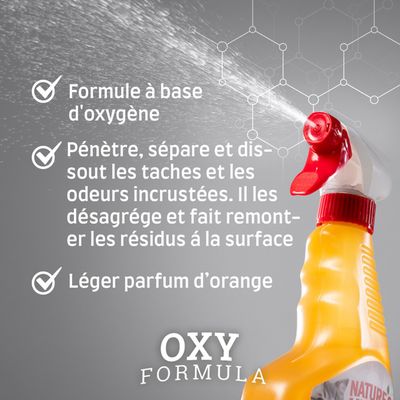 OXY FORMULA : Formule à base d’oxygène, pénètre les taches et les odeurs, dissout les résidus, léger parfum d’orange.