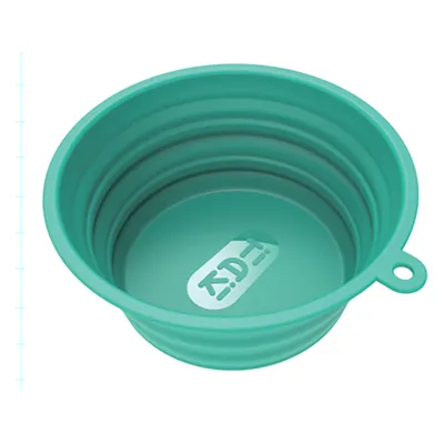 Green foldable silicone bowl with Tiki logo, side eyelet for attachment. Scale on the left shows size ratio.