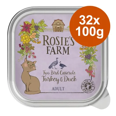 Rosie's Farm Adult Katzenfutter, Two Bird Casserole mit Truthahn und Ente, getreidefrei. Packungsgröße: 32x100g.