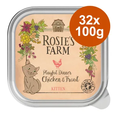 Rosie's Farm Playful Dinner Chicken & Trout Kitten, 32x100g, Grain Free Recipe. Verpackung mit Blumenmotiv und Katze.