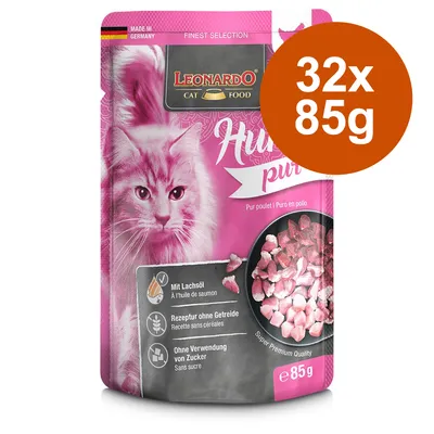 Leonardo Cat Food pollo puro, Made in Germany, 32x85g. Con aceite de salmón, receta sin cereales, sin azúcar, calidad super premium.