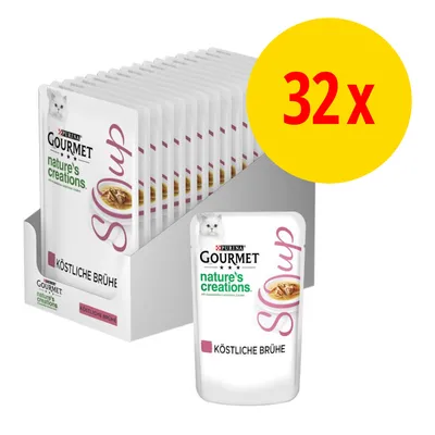 Lot de 32 sachets Purina Gourmet nature’s creations Soup, texte visible : KÖSTLICHE BRÜHE. Image d’un chat sur l’emballage. Présentation en boîte ouverte. Lot de 32 sachets Purina Gourmet nature’s creations Soup, texte visible : KÖSTLICHE BRÜHE. Image d’un chat sur l’emballage. Présentation en boîte ouverte.