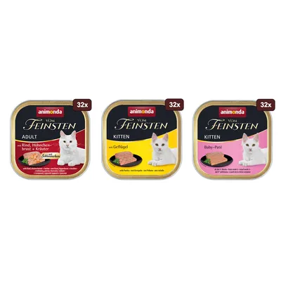 Animonda Vom Feinsten kattmat, 32x Adult med nötkött, kycklingbröst + örter, Kitten med fjäderfä, Kitten Baby-Pâté. Våtfoder för katter i olika sorter.