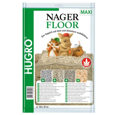 Опаковка Hugro Nager Floor MAXI, постелка за дребни животни, размер около 100×40 см. Видими са илюстрации на хамстер, заек и морско свинче, текст на немски и таблица с материали.