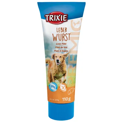 Trixie Leberwurst, 110 g Tube. Zuckerfrei und glutenfrei. Art.-Nr. 3176. Liver Pâté in Deutsch, Englisch, Französisch und Italienisch.