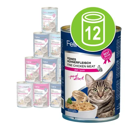 Feline Porta 21 kattenvoer, blik met label 'Feines Hühnerfleisch Fine Chicken Meat', set van 12 blikken zichtbaar, groene cirkel met het getal 12, 'Best Seller' badge op verpakking.