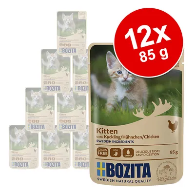 Bozita Kitten våtfoder med kyckling, svenska ingredienser, spannmålsfritt, 12x85g. Förpackning visar kattunge och älgmotiv.