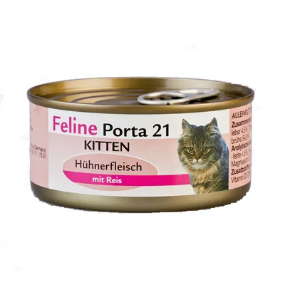 Feline Porta 21 Kitten, piščančje meso z rižem. Popolna hrana za mačke. Sestava: jetra 4,5%, juha 5%. Analitske sestavine: surova maščoba 4,5%, magnezij 0,02%.
