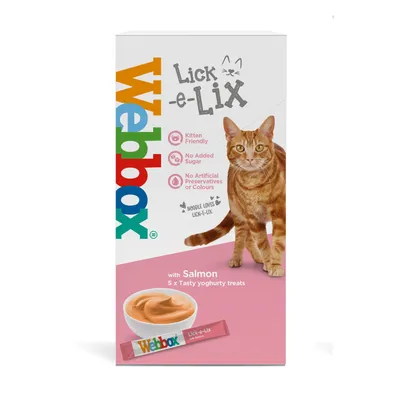 Webbox Lick-e-Lix with salmon, 5 yoghurt treats. Kitten friendly, no added sugar, no artificial preservatives or colours. Webbox Lick-e-Lix with salmon, 5 yoghurt treats. Kitten friendly, no added sugar, no artificial preservatives or colours.