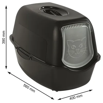 Musta kissanvessa, mitat: korkeus 390 mm, leveys 400 mm, pituus 560 mm. Etuluukussa kissakuvio.