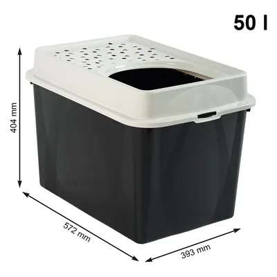 Schwarze Box mit weissem Deckel, Masse: 572 mm x 393 mm x 404 mm, Fassungsvermögen: 50 Liter.