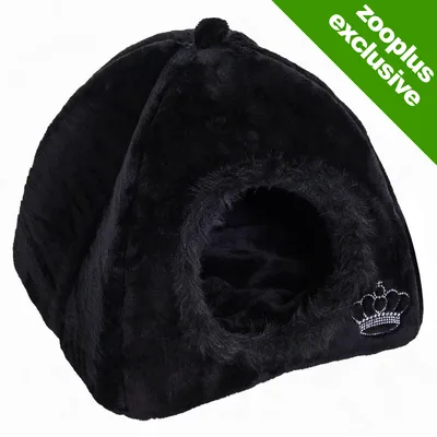 Zwart pluche kattenhuisje met ronde ingang en kroontje van steentjes, label 'zooplus exclusive' zichtbaar in groene hoek. Zwart pluche kattenhuisje met ronde ingang en kroontje van steentjes, label 'zooplus exclusive' zichtbaar in groene hoek.