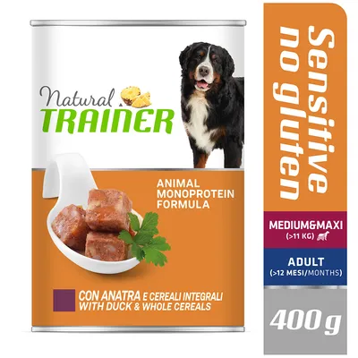 Natural Trainer Sensitive no gluten, Animal Monoprotein Formula mit Ente und Vollkorngetreide. Für mittelgrosse und grosse erwachsene Hunde (>11 kg, >12 Monate). 400 g Dose.