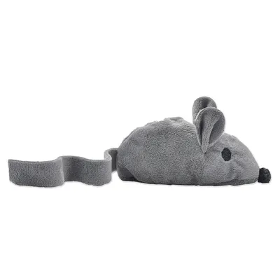 Jouet en forme de souris grise en peluche avec longues oreilles, queue souple et museau noir, sans marque visible.