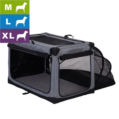 Transportbox aus grauem Stoff mit Netzfenstern, geöffnet. Größenangaben: M, L, XL mit Silhouetten von Tieren auf farbigen Feldern oben links.