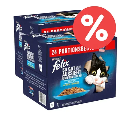 Felix Katzenfutter, 24 Portionsbeutel, Geschmacksvielfalt aus dem Wasser in Gelee. Angebot mit Prozentzeichen sichtbar.