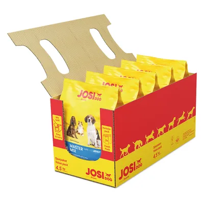 JosiDog Master Mix Adult ekonomipaket, 4,5 kg. Förpackning med handtag, innehåller 5 färskpåsar. För hundar, visas på gula förpackningar.